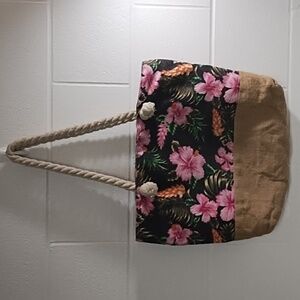 Floral Canvas Burlap Thick Cotton Rope Handles Beach Tote Bag Zip Top Closure